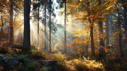 Obraz premium Golden Autumn Forest with Sunbeams Filtering Through the Trees