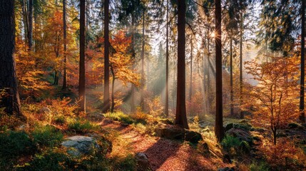 Obraz premium Golden Autumn Forest with Sunbeams Filtering Through the Trees