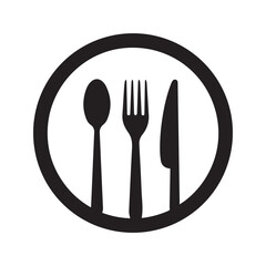 Restaurant food icon with fork, spoon, and knife cutlery symbol

