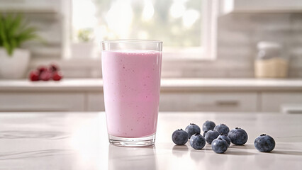 glass of blueberry kefir, wellness blog post, , farm-to-table marketing, recipe blog cover, organic product page, wellness product launch ad, nutrition platform, brand campaign, food photography