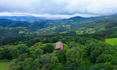 Obraz premium Aerial view from a drone of the Santa Gurutze hermitage in Biscay in the province of Bizkaia in the autonomous community of the Basque Country. Spain. Europe