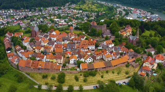Aerial panorama view around the city and Dilsberg Castle in Germany beside the neckar river. On a sunny spring day.