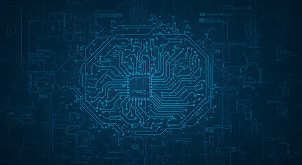 Glowing blue futuristic central processor unit on a circuit board background. A concept of digital innovation and artificial intelligence.
