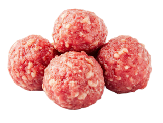 Four uncooked seasoned beef meatballs isolated on transparent background