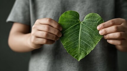 Hands gently holding a vibrant green, heart-shaped leaf symbolizing love and nature's beauty