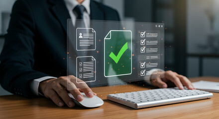 Businessman interacting with a glowing virtual screen showing a green checkmark and document icons. Represents successful completion or approval.