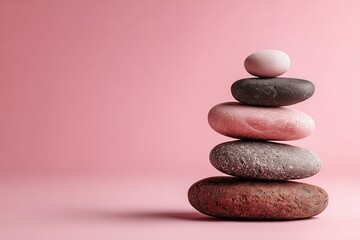 Stack of balanced stones on pink background.