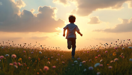 Man and woman running freely in a green field under the blue sky