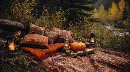 Picnic Setup in a Fall Forest with Rustic Blanket, Pumpkins, and Seasonal Decor