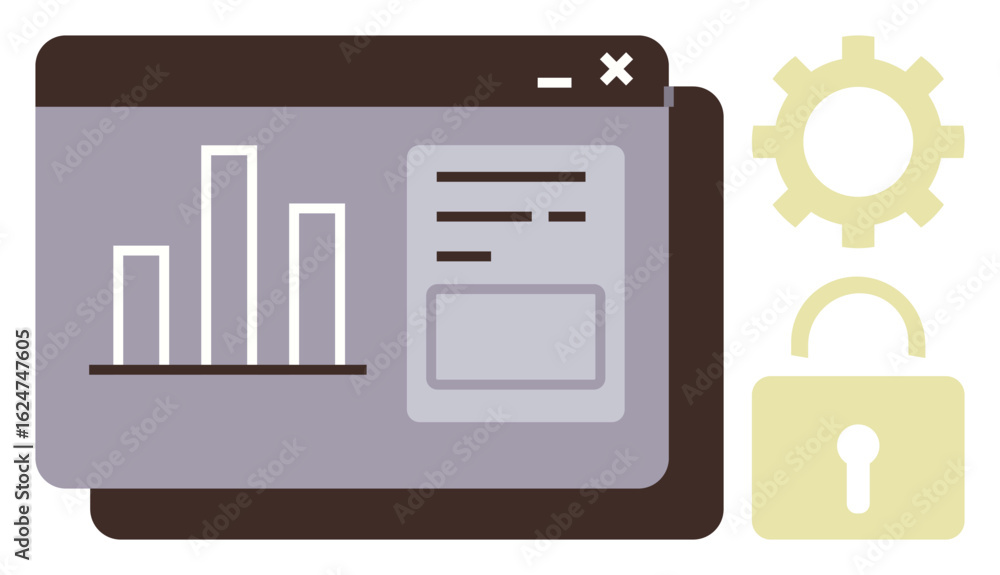 Aufkleber data dashboard with bar graph, text fields, settings gear, and security padlock. ideal for analytics