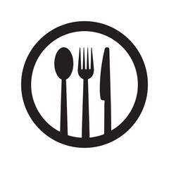 Restaurant food icon with fork, spoon, and knife cutlery symbol
