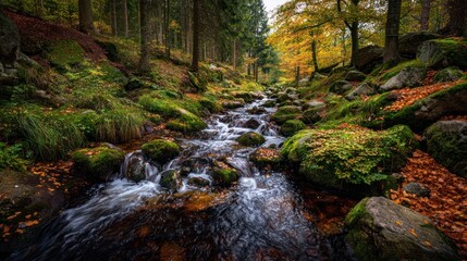 Running Stream Through a Rocky Forest in Autumn Surrounded by Colorful Trees