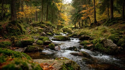Running Stream Through a Rocky Forest in Autumn Surrounded by Colorful Trees