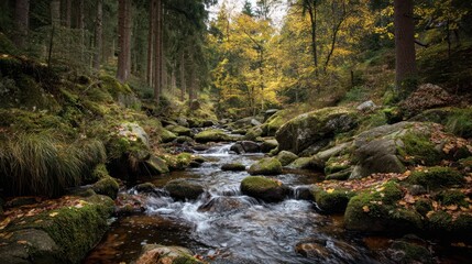Running Stream Through a Rocky Forest in Autumn Surrounded by Colorful Trees