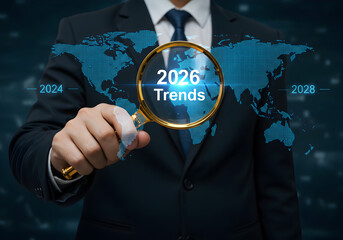 Businessman holding a magnifying glass over "2026 TRENDS" on a digital world map. Represents global business analysis and future market predictions.