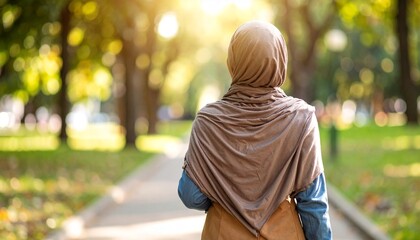 Woman in Taupe Hijab Walking in Sunny Green Park