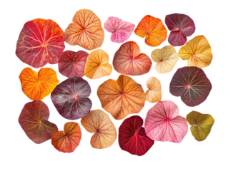 Collection of colorful dried leaves in heart shapes isolated on transparent background