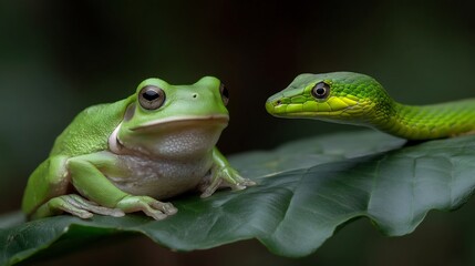Obraz premium Green tree frog and green vine snake face-off in natural habitat encounter