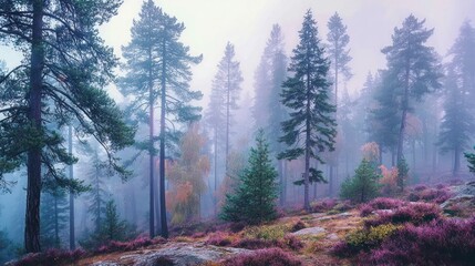 Sunrise in a Fall Forest with Warm Golden Tones and Soft Mist