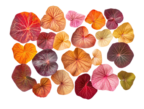 Collection of colorful dried leaves in heart shapes isolated on transparent background