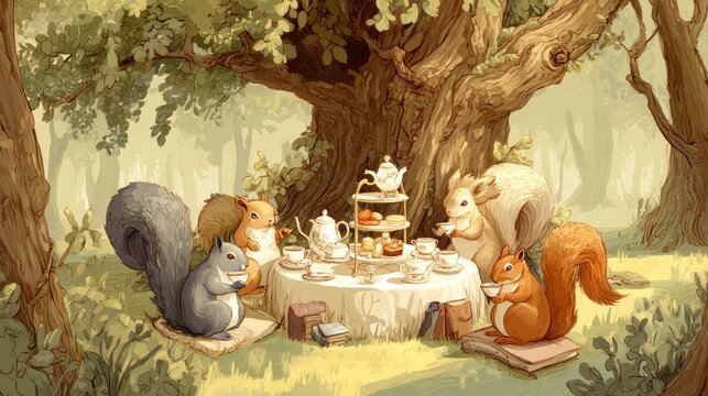 A whimsical tea party with squirrels sipping tea under tall trees