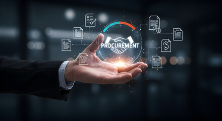 Hand presenting a glowing "Procurement" concept with a handshake icon and surrounding document and finance symbols, illustrating supply chain management.