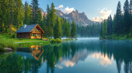 Obraz premium Alpine cabin on serene lake, mirrored in calm water. Lush forest surrounds tranquil scene