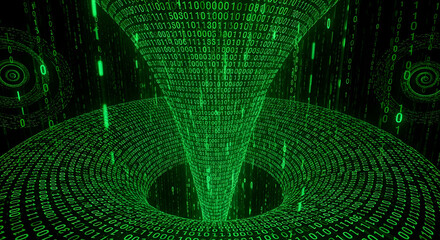 Futuristic visualization of a data stream concept, with green binary code flowing into a digital information funnel.