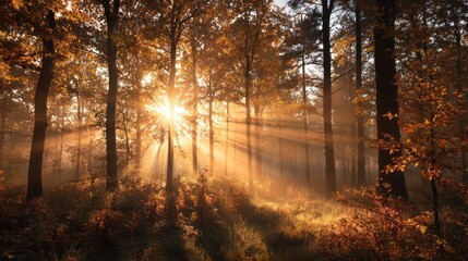 Sunrise in a Fall Forest with Warm Golden Tones and Soft Mist