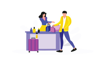 Illustration of a woman at a counter assisting a man with shopping bags and a purple suitcase near by