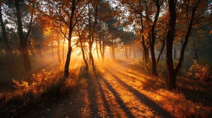 Sunrise in a Fall Forest with Warm Golden Tones and Soft Mist