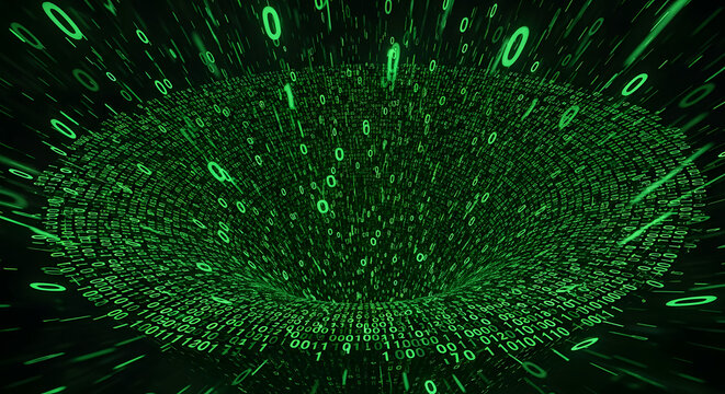 Abstract digital vortex of streaming green binary code. Concept for big data, cyberspace, and information technology.