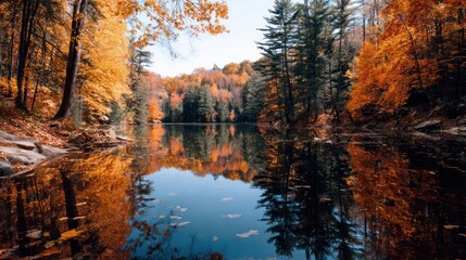  Tranquil Lake Reflecting Fall Trees with Bright Orange Leaves