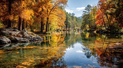  Tranquil Lake Reflecting Fall Trees with Bright Orange Leaves
