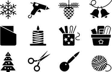 Black Glyph Icons: Christmas Crafts, DIY Supplies, Festive Season
