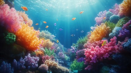 Naklejka premium Vibrant coral reef teeming with colorful fish underwater (5)
