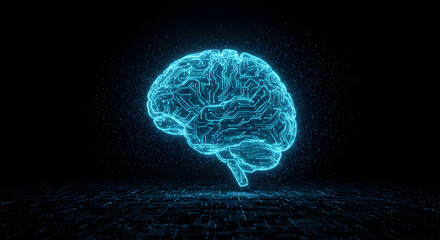 Conceptual image of a luminous blue brain hologram, representing artificial intelligence and advanced technology