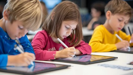 Young children focused on drawing or writing with digital pens on tablets in a modern classroom, embracing technology-based learning and creativity. - Powered by Adobe