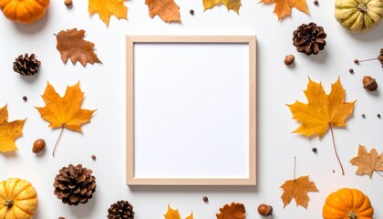 Empty Wood Frame with Colorful Autumn Leaves and Pumpkins on White Backdrop