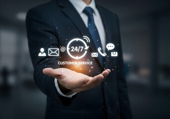 Businessman presenting 24/7 service and customer support options.