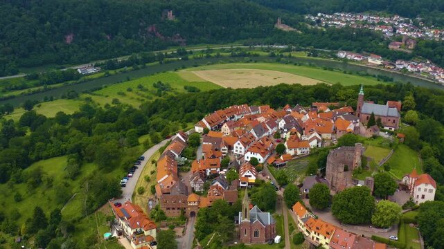 Aerial panorama view around the city and Dilsberg Castle in Germany beside the neckar river. On a sunny spring day.
