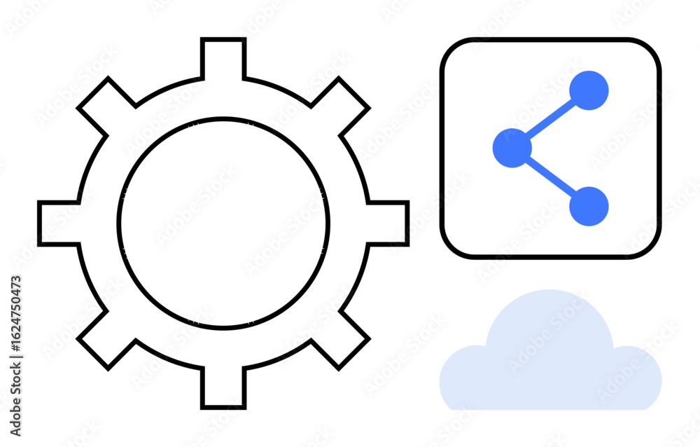 Poster gear symbolizing mechanics, cloud for storage or computing, and network nodes for connectivity. idea
