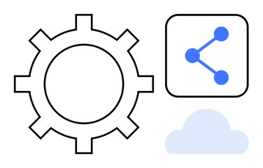 Gear symbolizing mechanics, cloud for storage or computing, and network nodes for connectivity. Ideal for technology, networking, automation, cloud computing, innovation, digital tools simple