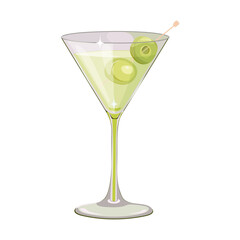 Summer cocktail with olives on a skewer and ice. Vector illustration on an isolated background.