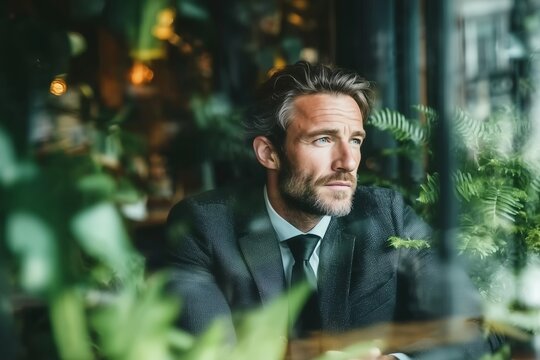 Pensive businessman gazing through a leafy cafe window, envisioning future endeavors ahead.