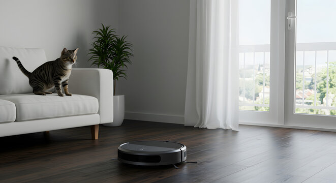A curious tabby cat watches a robotic vacuum cleaner work in a modern sunlit living room