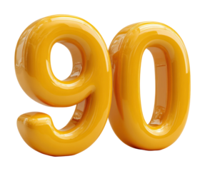 Vibrant yellow decorative number 90 modern display contemporary viewpoint isolated on transparent background