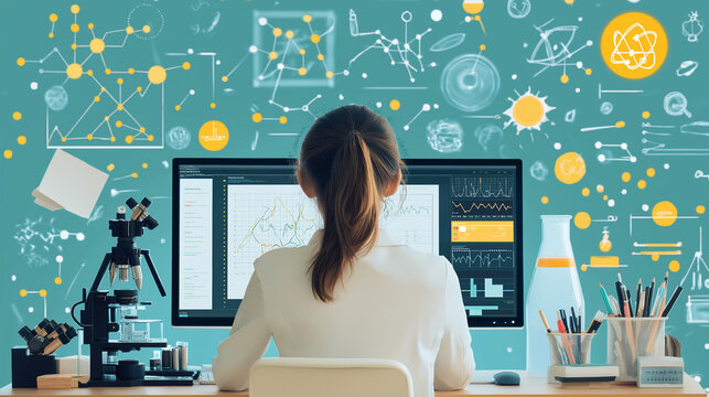 Female Scientist Using Computer with Graph and Scientific Equipment
