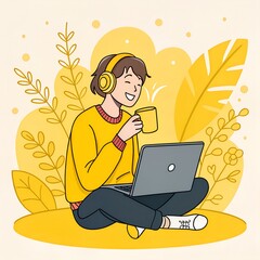 Person with headphones working on a laptop and drinking from a yellow mug