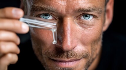 Man with blue eyes using a pipette for skincare, highlighting personal care